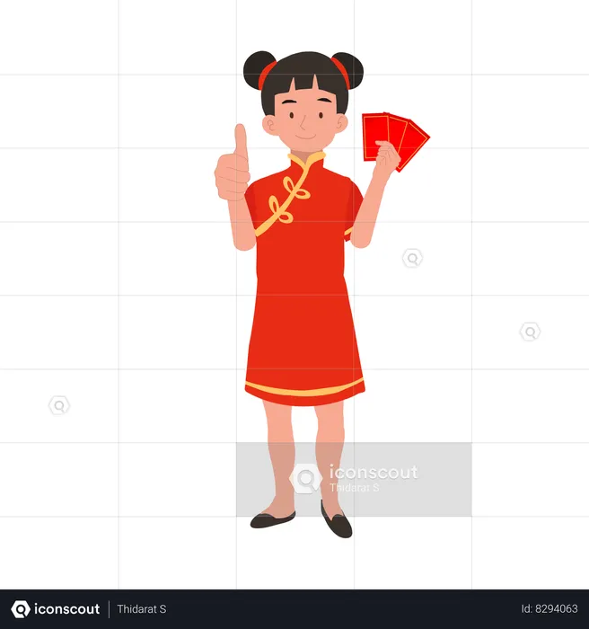 Fille en robe traditionnelle chinoise tenant une enveloppe rouge  Illustration