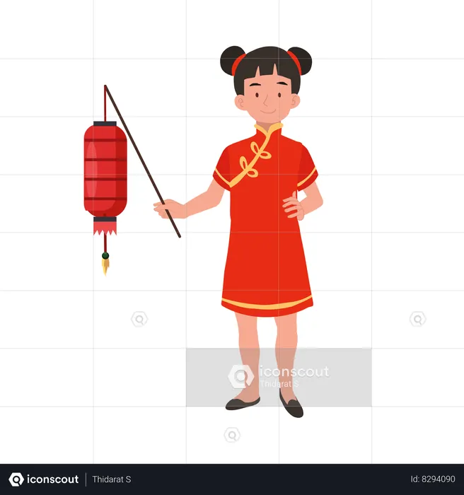 Fille en robe traditionnelle chinoise tenant une lanterne rouge  Illustration