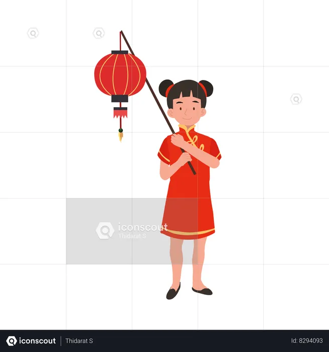 Fille en robe traditionnelle chinoise tenant une lanterne rouge  Illustration