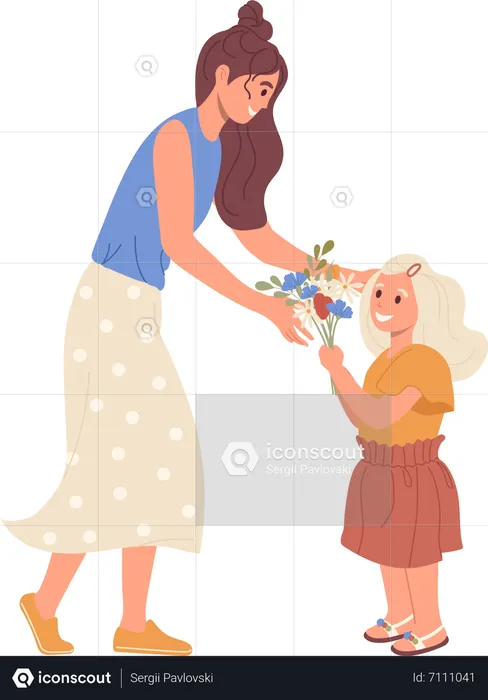 Petite fille donnant un bouquet de fleurs à sa mère aimante  Illustration
