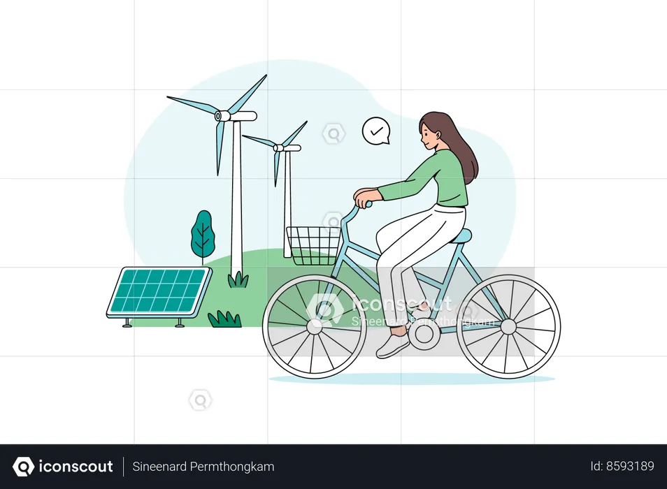 Fille à vélo dans une ville écologique  Illustration