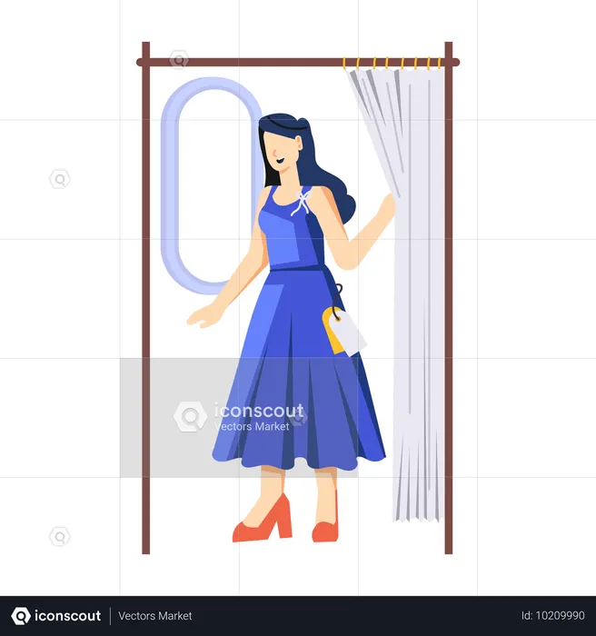 Fille essayant des vêtements dans une cabine d'essayage  Illustration