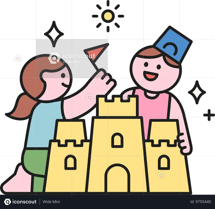 Fille et garçon faisant un château de sable  Illustration