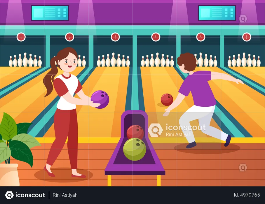 Fille et garçon jouant au jeu de bowling  Illustration