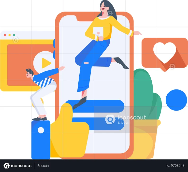 Fille et homme sur la plateforme de médias sociaux  Illustration