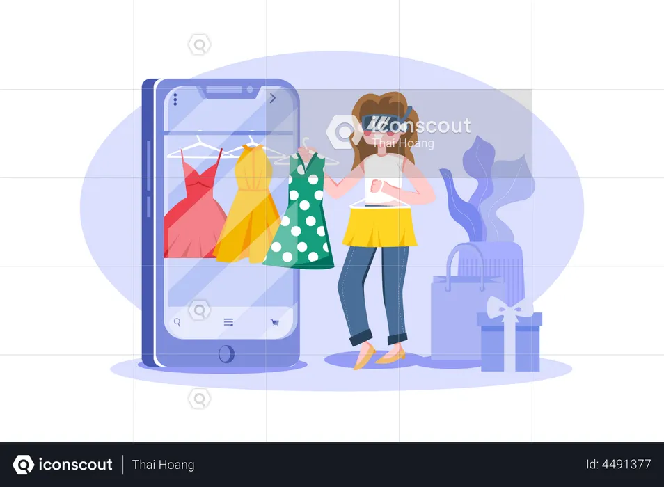 Fille faisant du shopping en utilisant la technologie virtuelle  Illustration