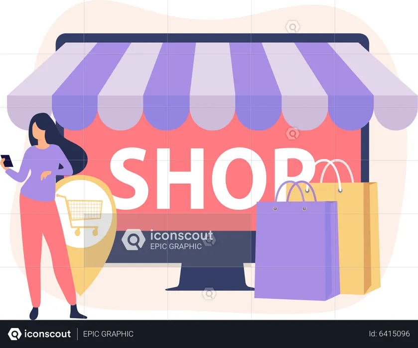 Fille faisant des achats en ligne  Illustration