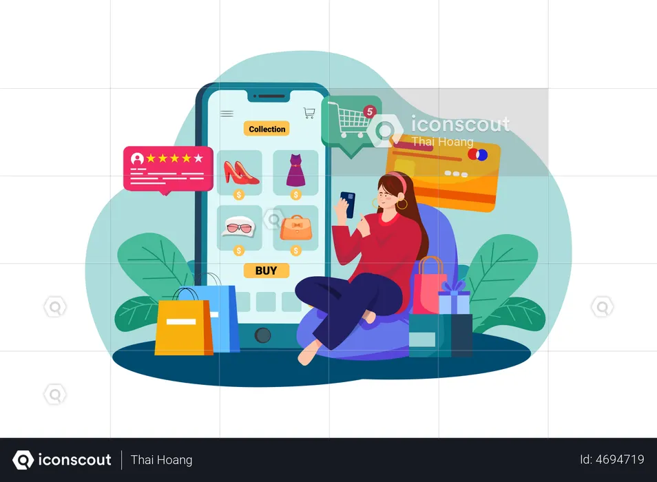 Fille faisant des achats en ligne par Smartphone  Illustration