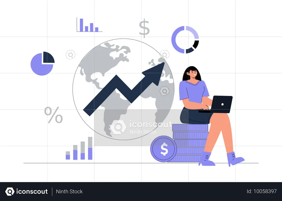 Une jeune fille rédige un rapport sur l'économie mondiale  Illustration