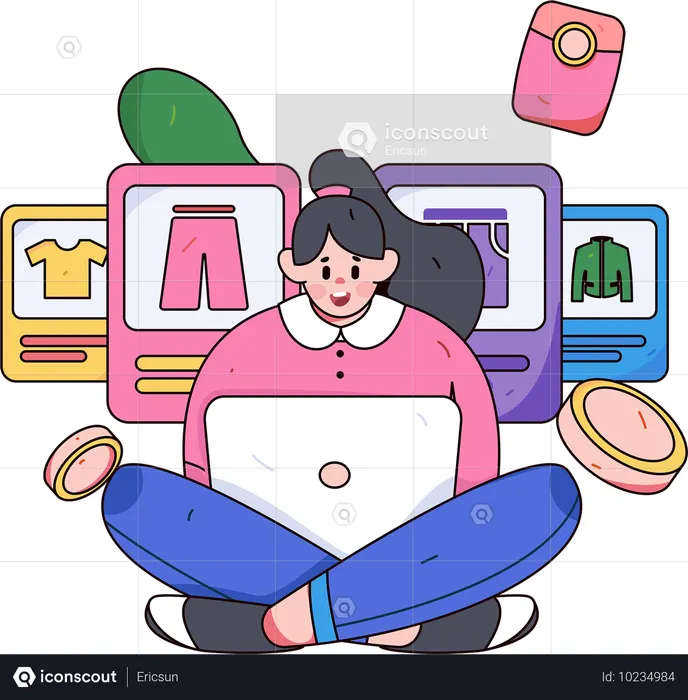 Fille faisant des achats en ligne  Illustration