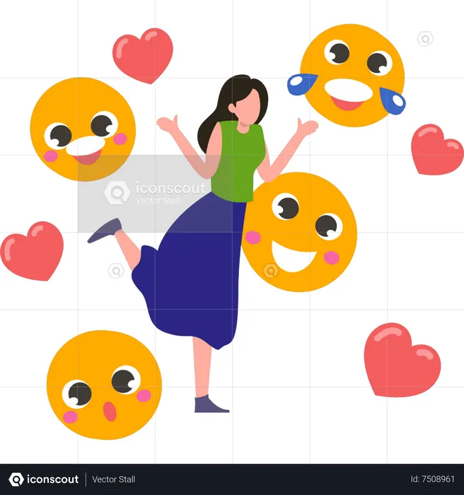 Fille heureuse avec des emojis Emoji Illustration