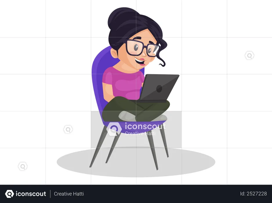 Fille indienne assise sur une chaise tout en travaillant sur un ordinateur portable  Illustration