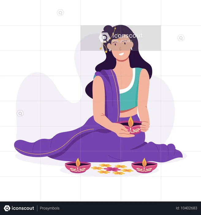 Fille indienne avec des lampes à huile  Illustration