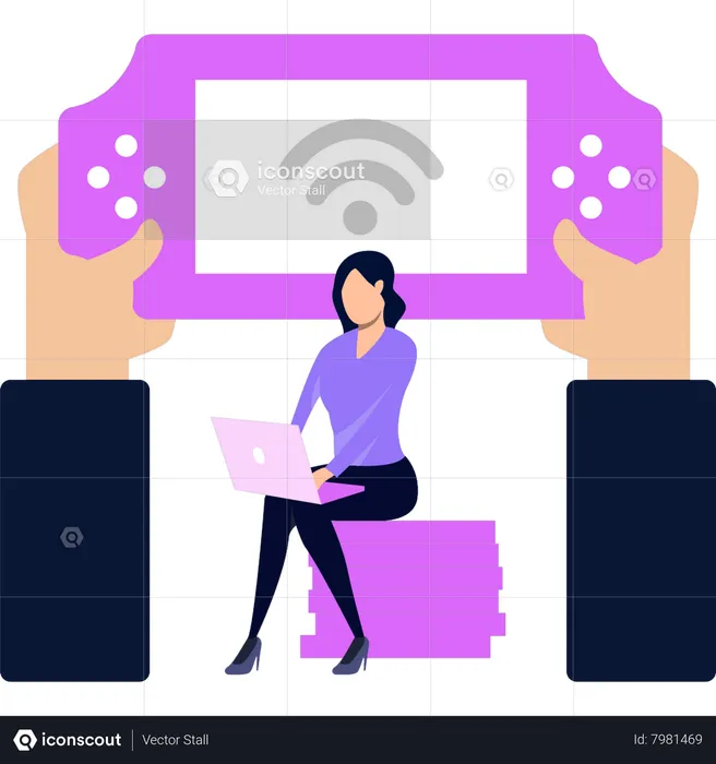 Fille jouant à des jeux en ligne  Illustration