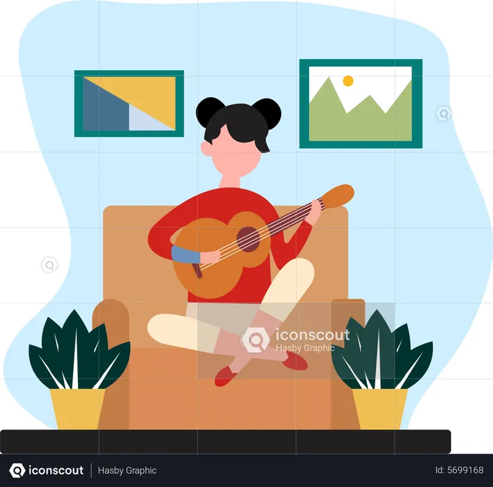 Fille jouant de la guitare à la maison  Illustration