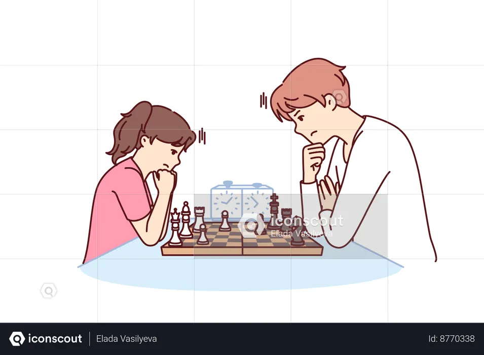 La fille joue aux échecs avec son père  Illustration