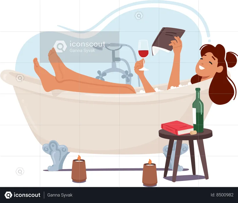 Fille lit un livre dans la baignoire avec un verre de vin  Illustration