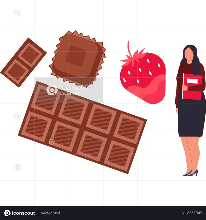 La fille mange du chocolat avec des fraises  Illustration