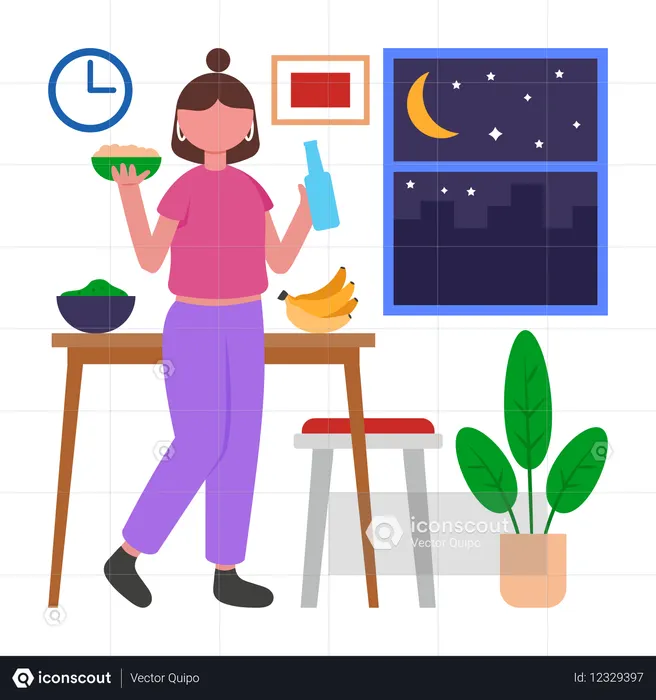 Fille mangeant tard le soir  Illustration