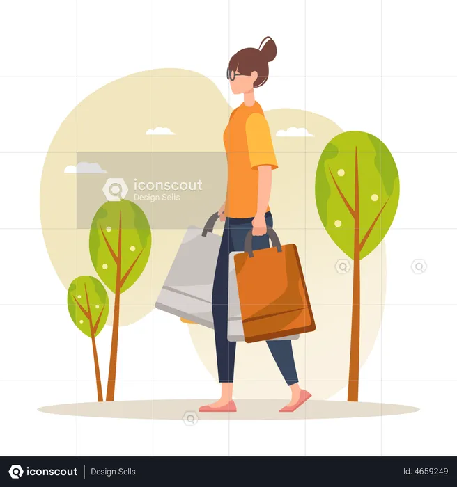 Fille qui marche avec un sac à provisions  Illustration