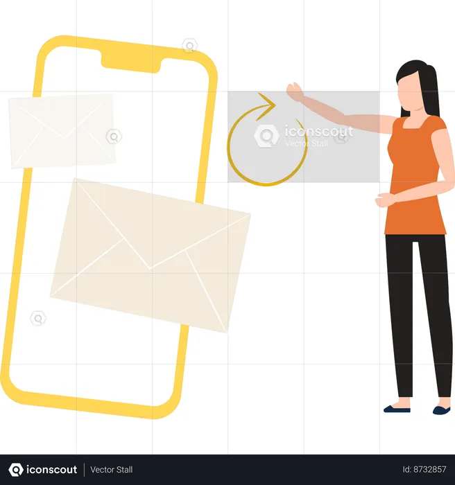 Fille montrant le chargement du courrier sur mobile  Illustration