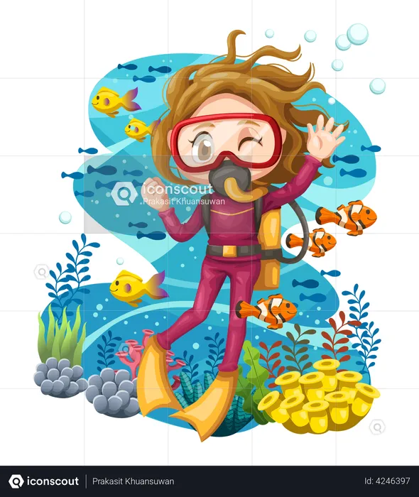 Fille nageant sous l'eau  Illustration