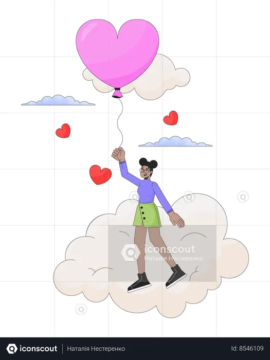 Fille noire volant avec un ballon au-dessus des nuages  Illustration