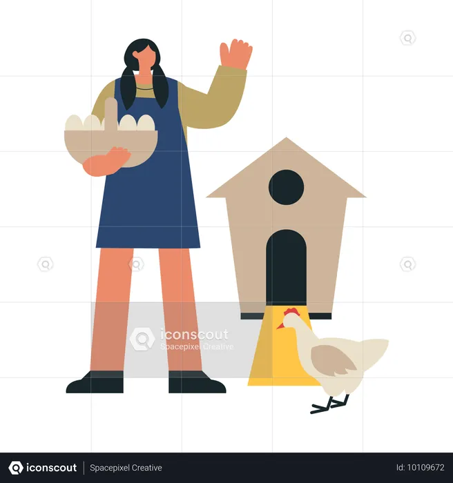 Fille nourrissant une poule à la ferme  Illustration