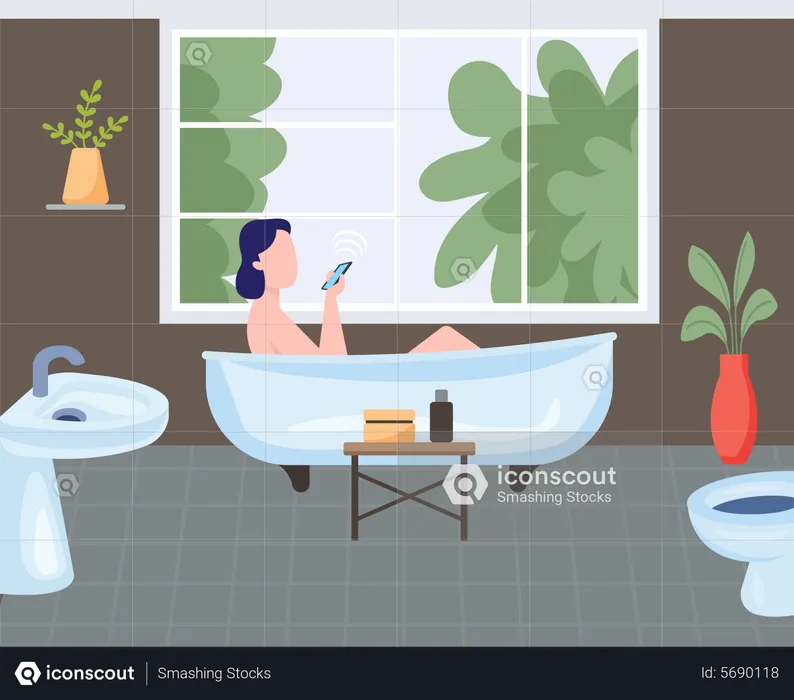 Fille parlant sur mobile pendant le bain  Illustration