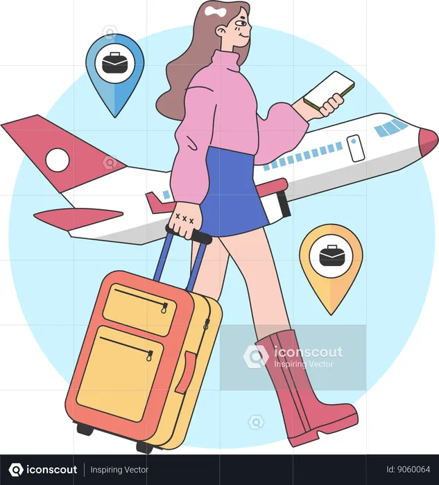 Fille partant en voyage d'affaires tout en tenant un sac de voyage  Illustration