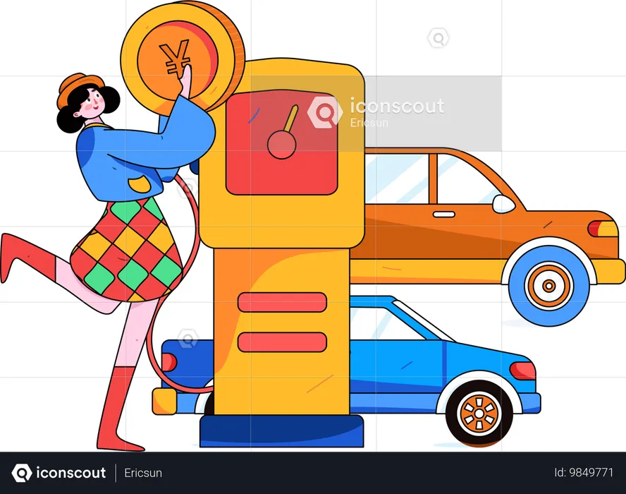 Fille payant comptant pour le carburant de la voiture  Illustration