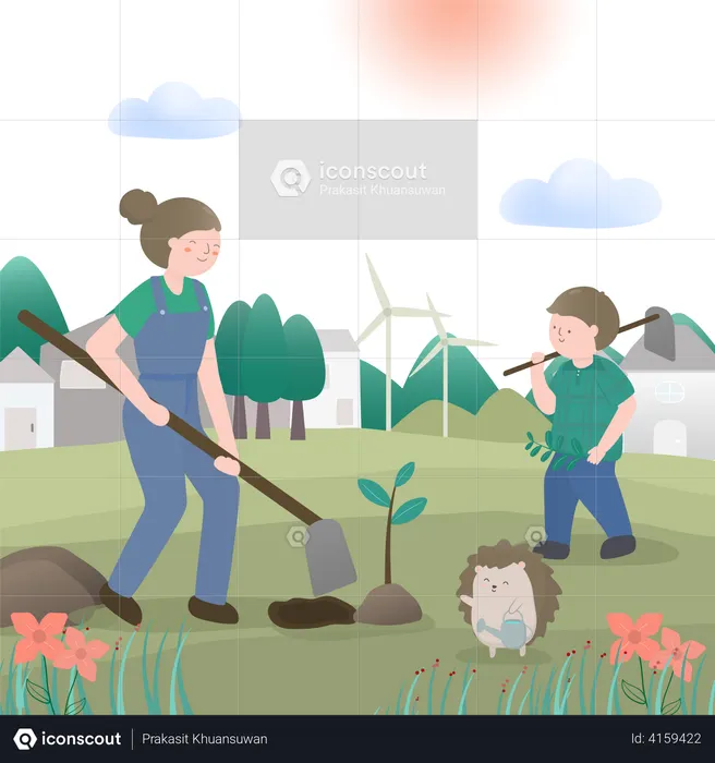 Fille plantant un arbre  Illustration