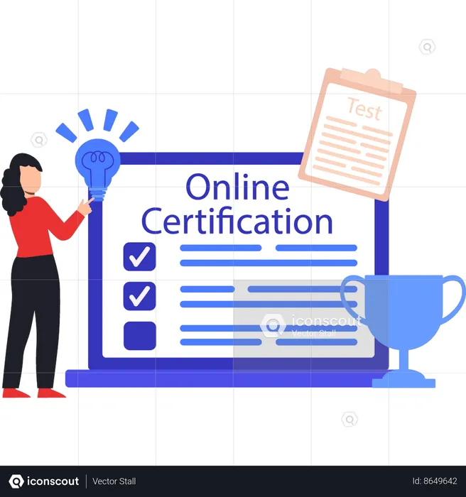 Fille pointant vers un certificat en ligne sur un ordinateur portable  Illustration