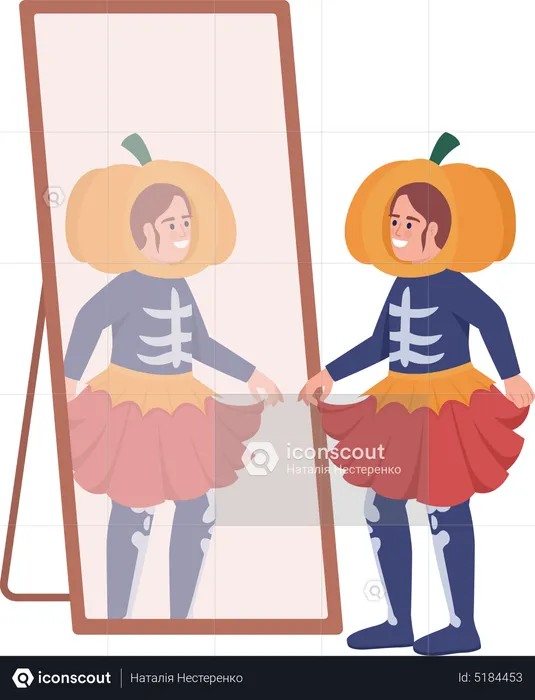 Fille portant un costume d'Halloween se regarde dans le miroir  Illustration