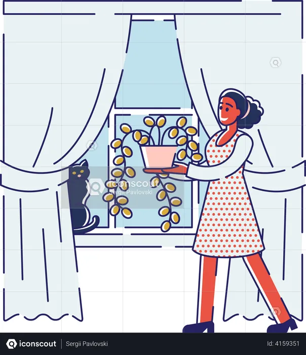 Fille portant une plante pour décorer la maison  Illustration