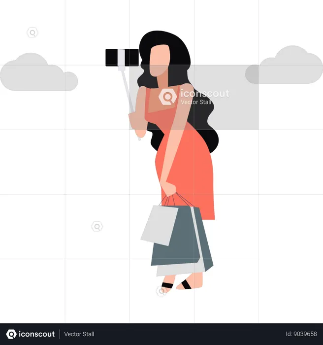 Fille prenant le selfie avec son sac à provisions  Illustration