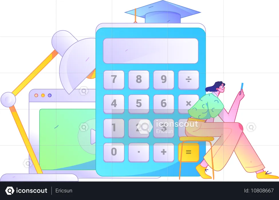 Une fille suit un cours de mathématiques en ligne à l'aide d'un téléphone portable  Illustration