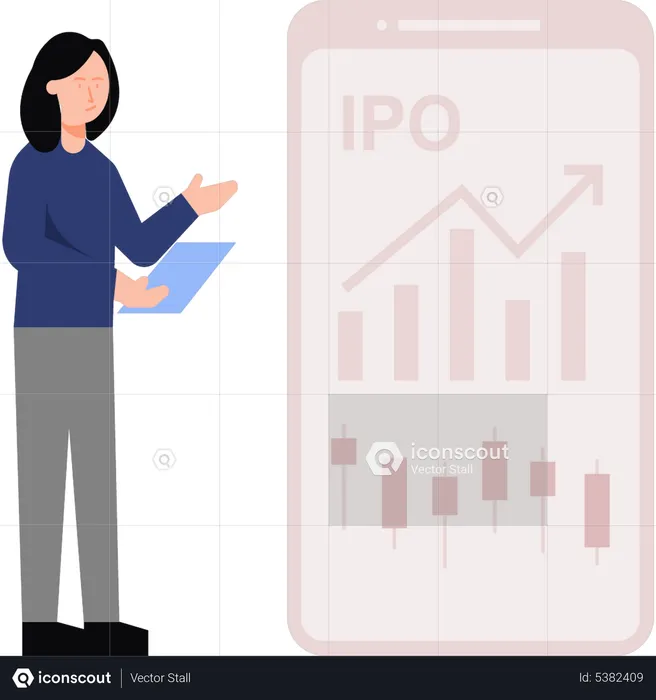 Fille présentant l'introduction en bourse dans une application mobile  Illustration