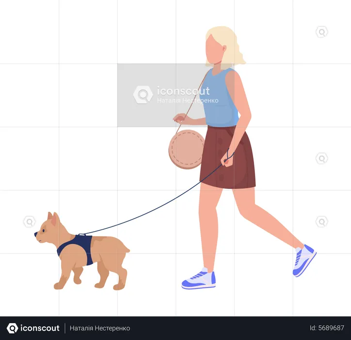 Fille marche avec un chien  Illustration