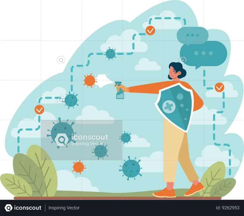 Fille pulvérisant un virus pour se protéger  Illustration