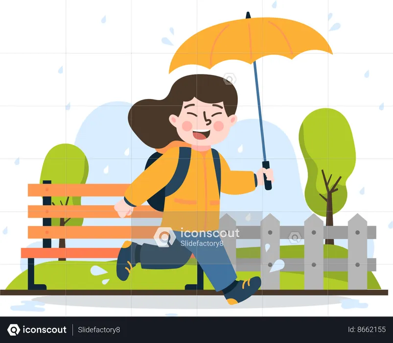 Fille qui court sous la pluie - Illustration plate  Illustration