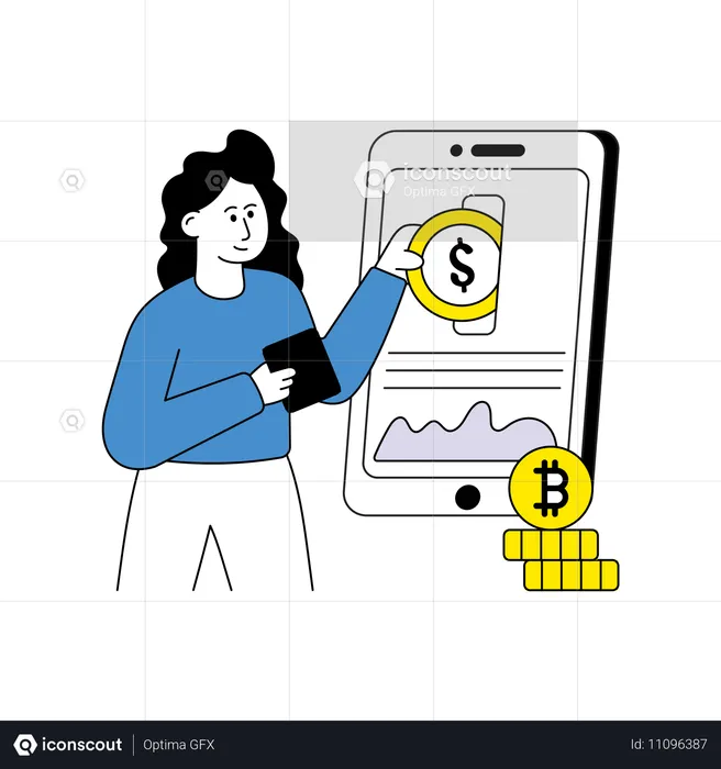 Fille faisant un investissement en Bitcoin  Illustration