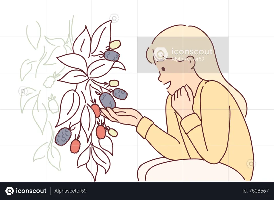 Fille regardant une fleur  Illustration