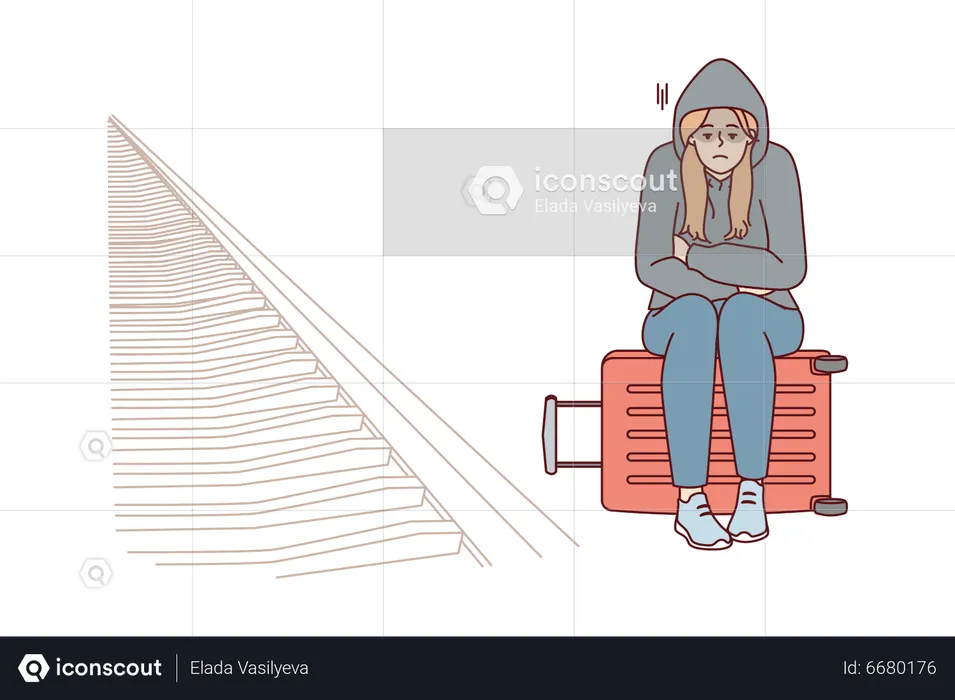 Fille sans abri assise sur un sac de voyage  Illustration