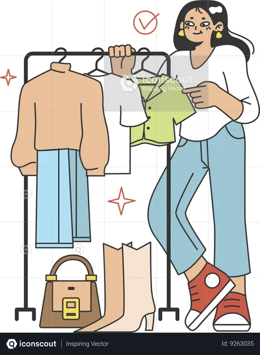 Fille sélectionnant un tissu au magasin  Illustration