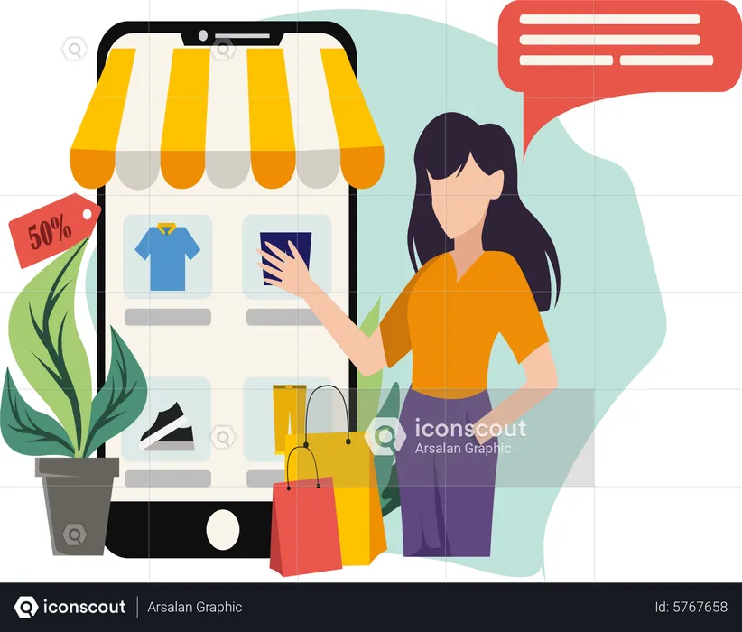 Fille faisant des achats en ligne  Illustration