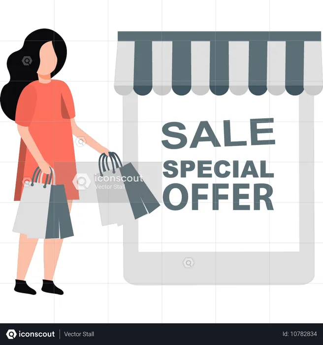 Fille faisant du shopping en ligne avec une offre spéciale  Illustration