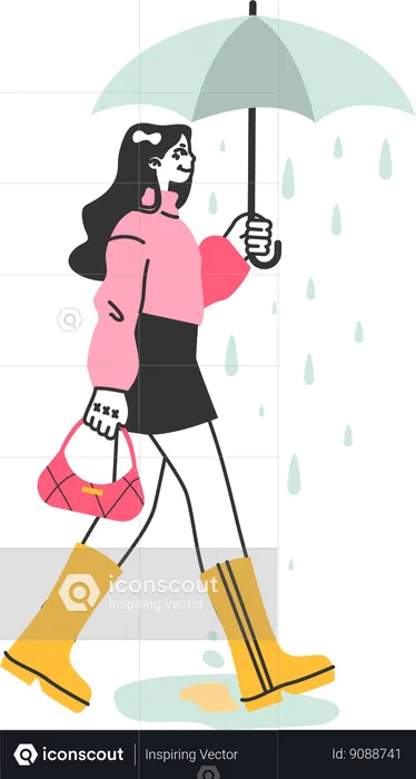 Fille sortant sous la pluie  Illustration