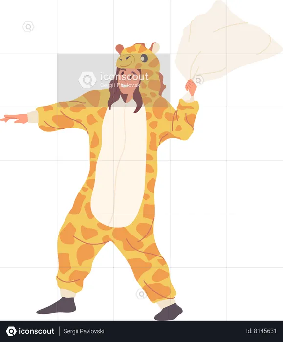 Heureuse fille souriante portant un costume de girafe et une bataille d'oreillers  Illustration