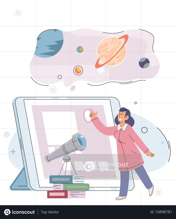 Fille assistant à un cours en ligne  Illustration